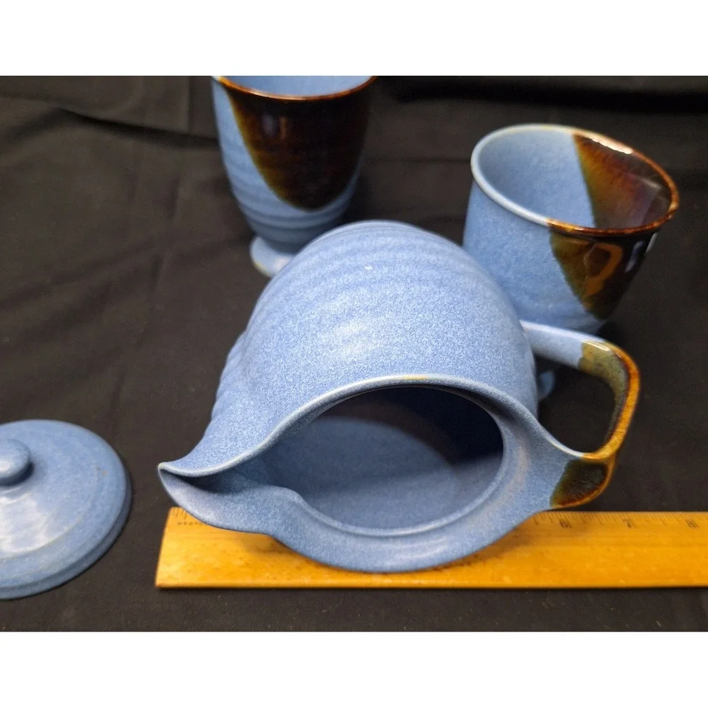 Andrea by Sadek Chopsticks Blue Ceramic Tea Set Teapot 4 Cups‎ Made in Japan